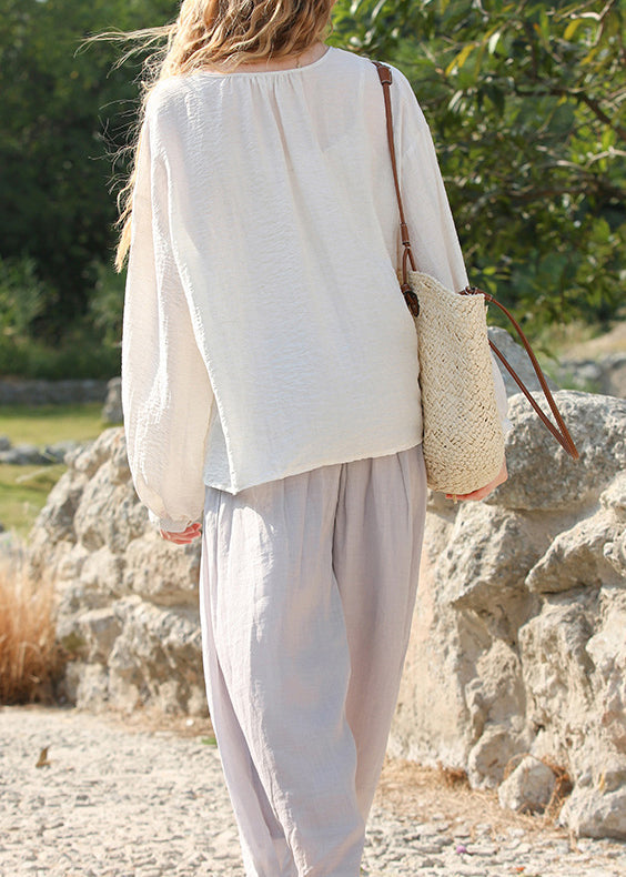 French White O Neck Button Cotton Shirts Top Lantern Sleeve