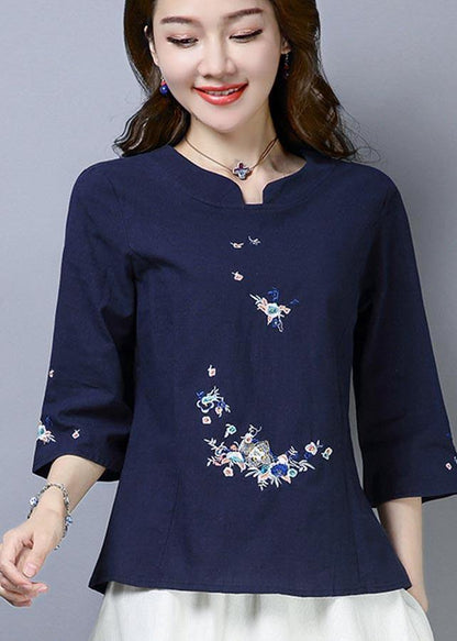 Natural Navy Embroidered Oriental Cotton Linen Shirts Summer