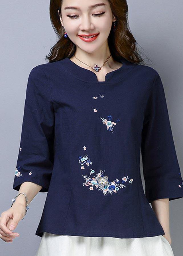 Natural Navy Embroidered Oriental Cotton Linen Shirts Summer