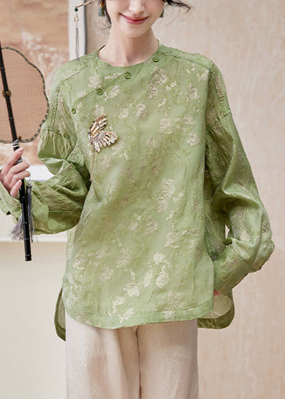 Chinese Style Green O-neck Butterfly Low High Design Chiffon Top Lanter Sleeve
