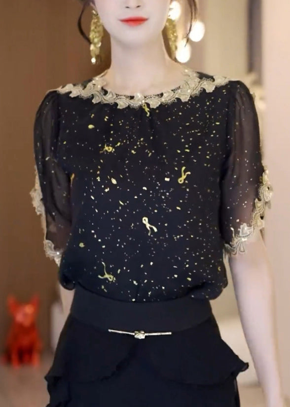 Handmade Black O-neck Lace Patchwork Chiffon Shirt Summer