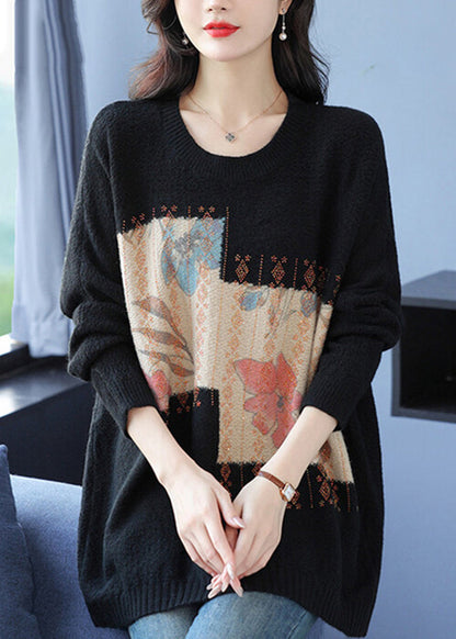 Grey O Neck Print Zircon Woolen Knit Sweaters Spring