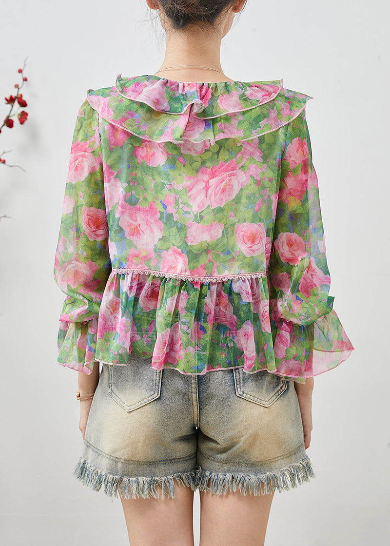Green Ruffled Print Chiffon Shirts Spring
