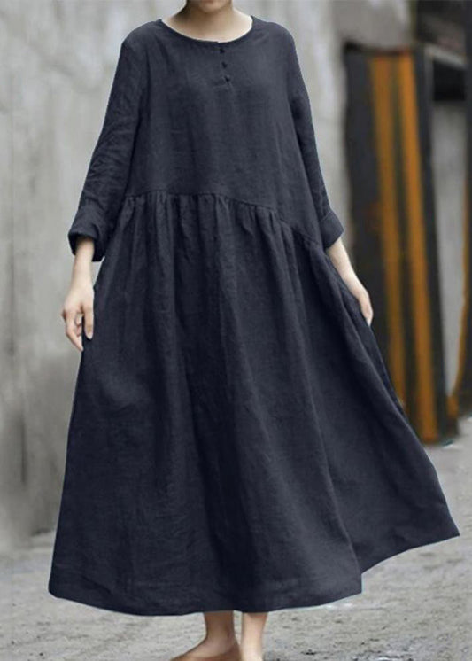 Color Black Cotton Linen Long Sleeve Swing Long Dress