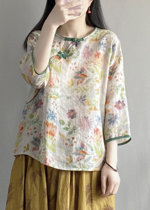 Pink Print Linen Oriental Blouses Bracelet Sleeve