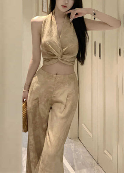 Original Design Halter Print Wrinkled Vest and Wide Leg Pants Two Pieces Set Sleeveless