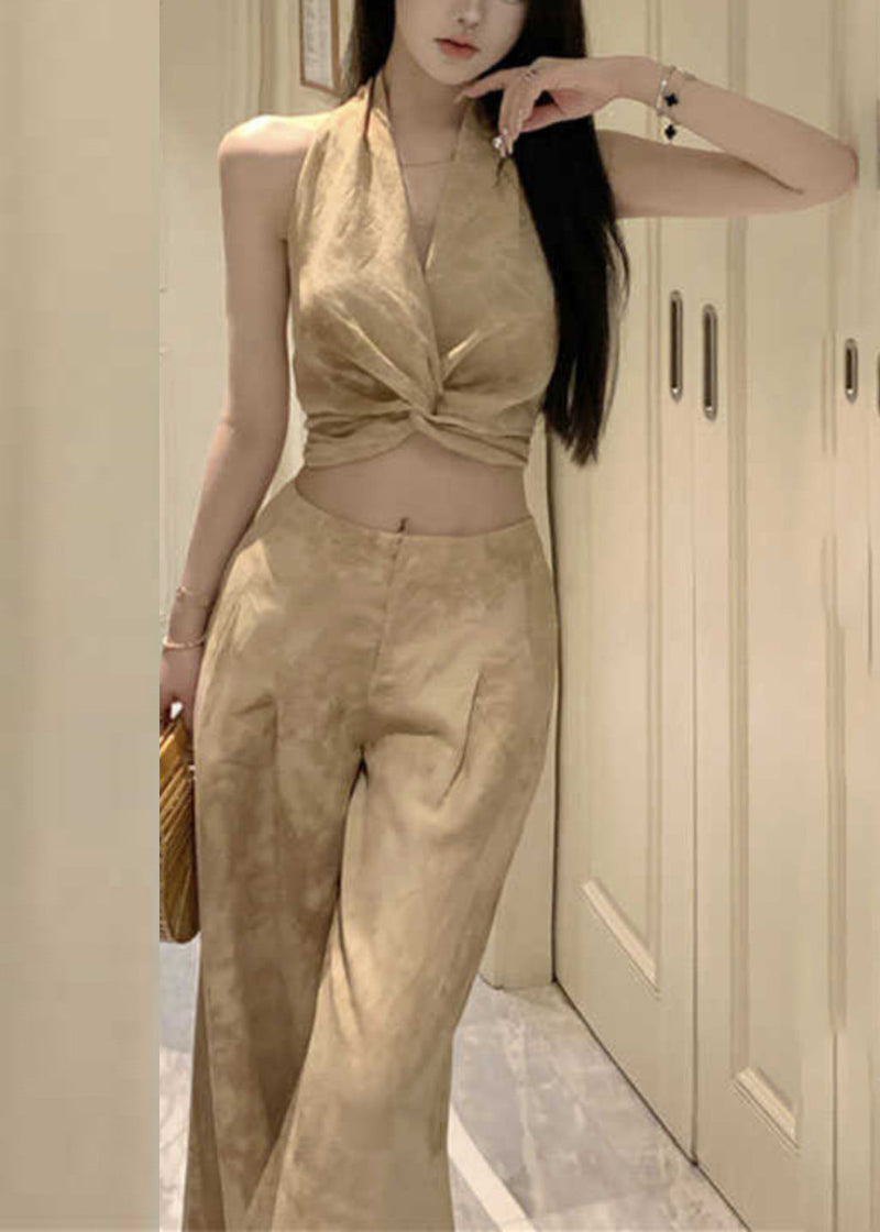 Original Design Halter Print Wrinkled Vest and Wide Leg Pants Two Pieces Set Sleeveless