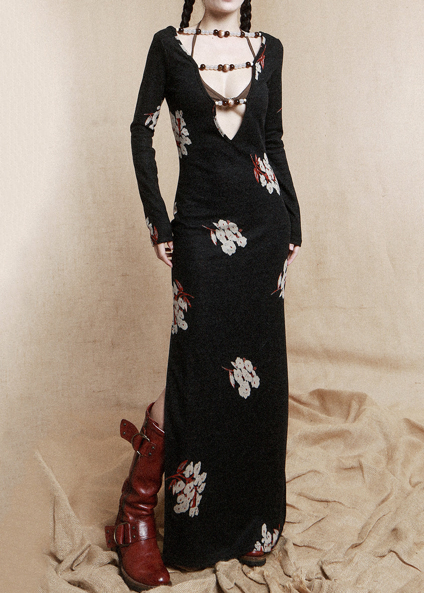 Black Beading Wear on Both Sides Cotton Dress Long Sleeve