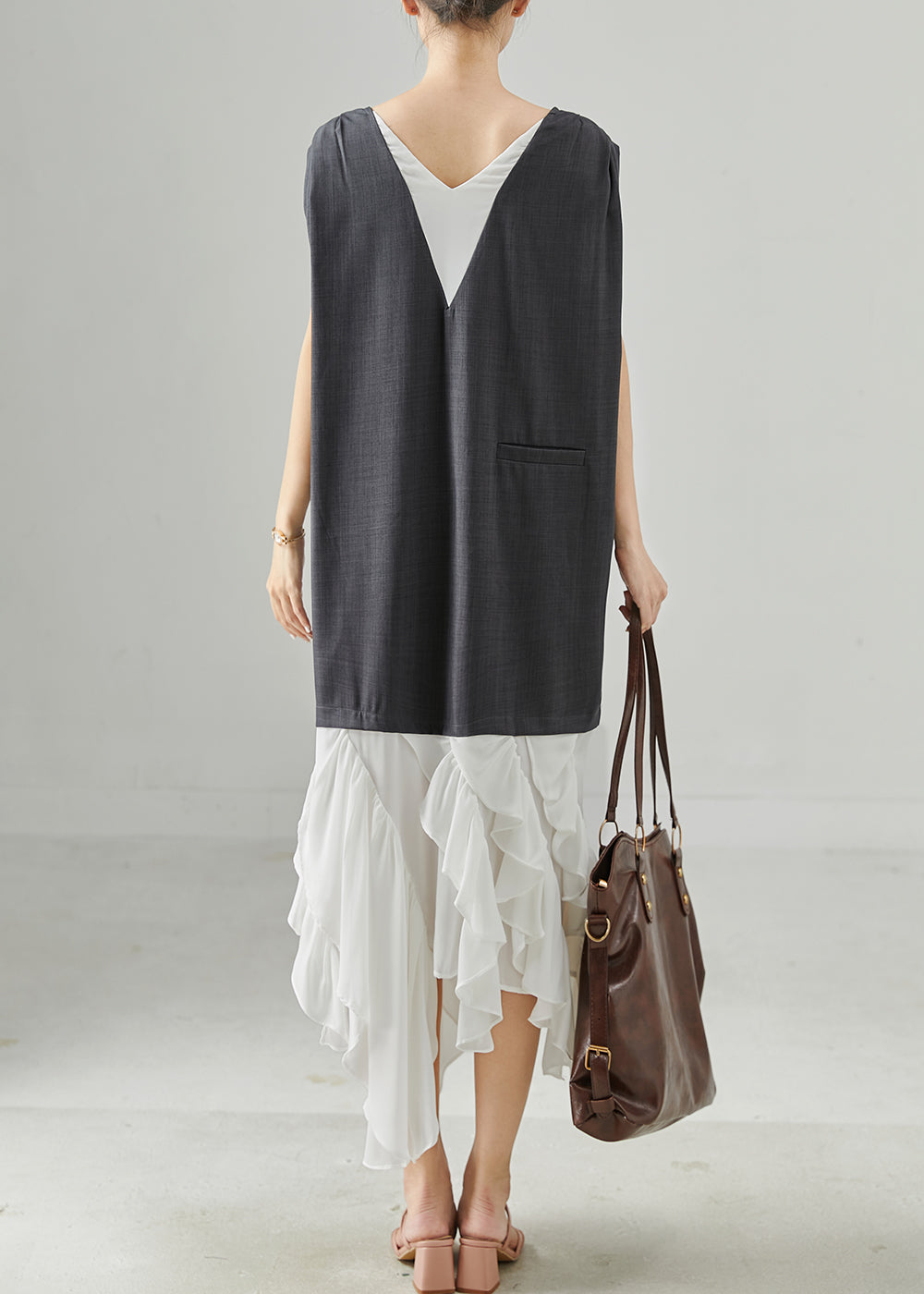 Grey Patchwork Spandex Fake Two Piece Dress Sleeveless
