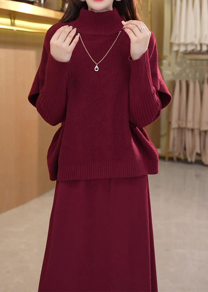 Art Mulberry Turtleneck Cotton Knit Top and Wide Leg Pants Two Piece Set Winter