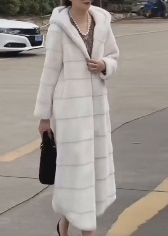 Beige Hooded Pockets Leather and Fur Long Coats Winter