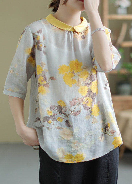 Yellow Peter Pan Collar Print Patchwork Linen Top Summer