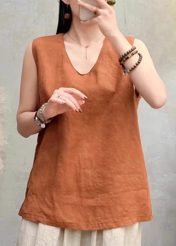 Classy Wine Red Side Open Linen Tops Sleeveless