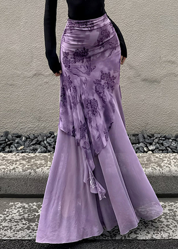 Purple Print Patchwork Tulle Wraped Skirts Spring