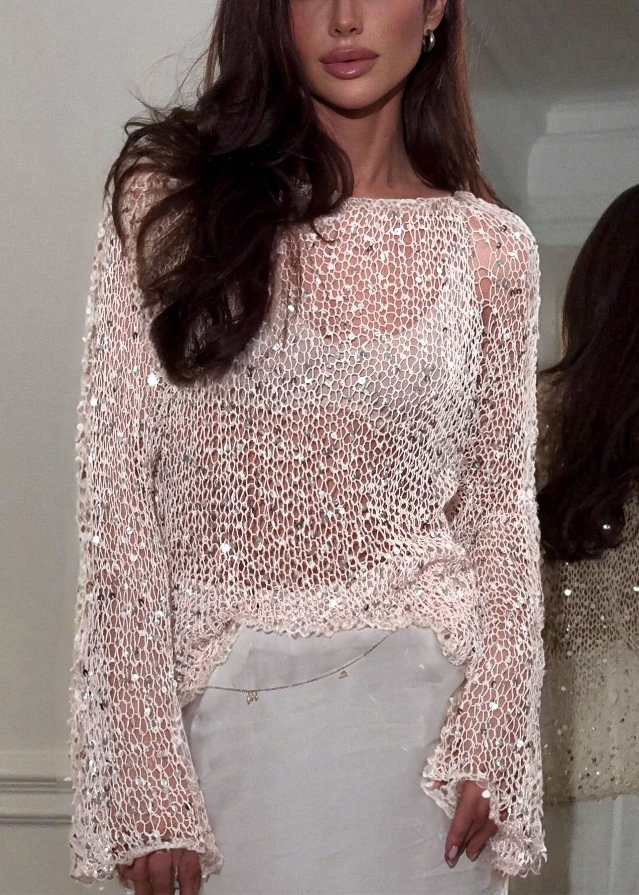 Beige O-neck Hollow Out Sequins Knit Top Spring