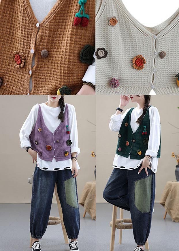 Style Khaki Embroidered Fall Shirt Knit Vest Sleeveless