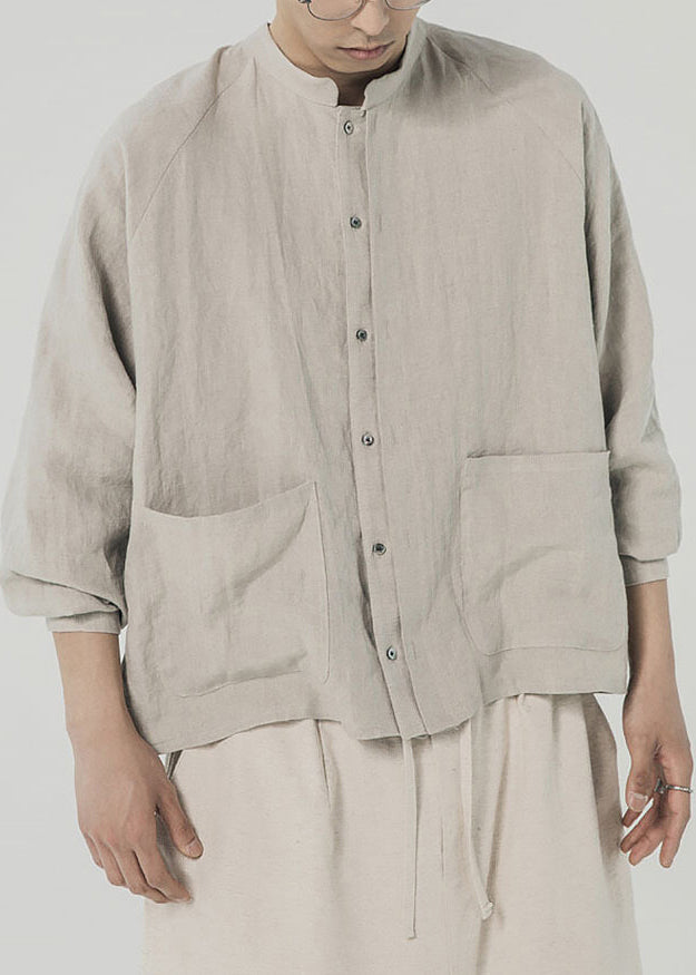 Chinese Style Linen Stand Collar Pockets Shirts Spring