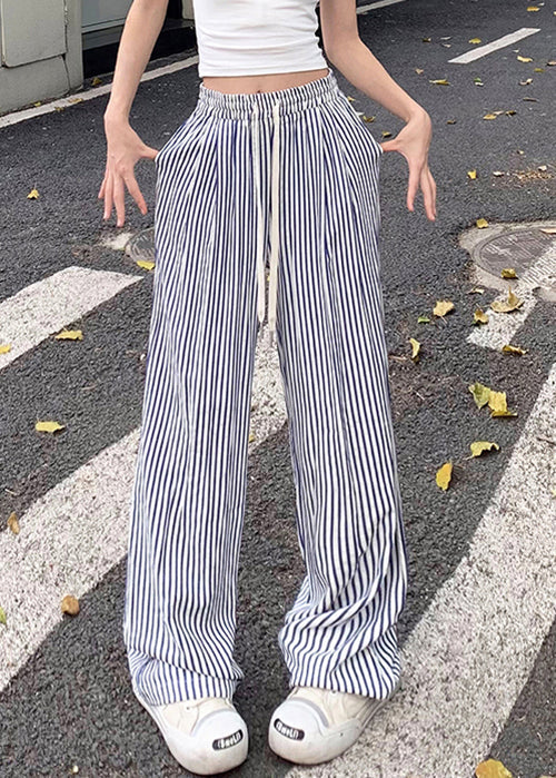 New Blue Striped Pockets Elastic Waist Cotton Pants Summer