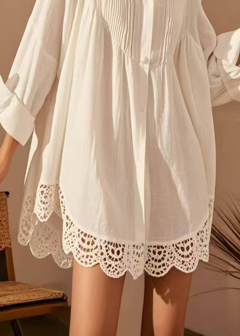 Boutique White Oversized Patchwork Wrinkled Cotton Long Shirt Spring