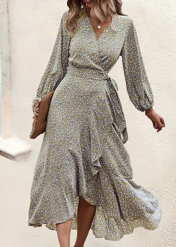 Blue V Neck Print Ruffled Lace Up Chiffon Dress Long Sleeve