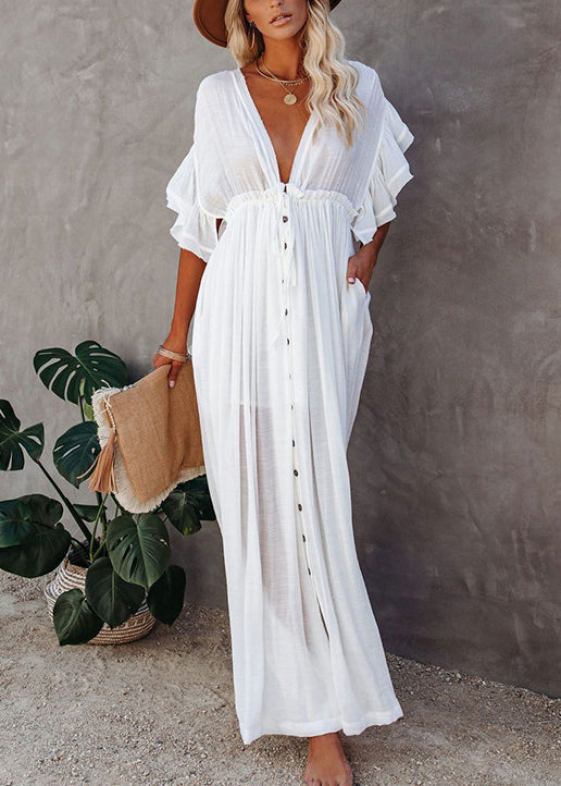 White V Neck Drawstring Lace Up Chiffon Long Dress Summer