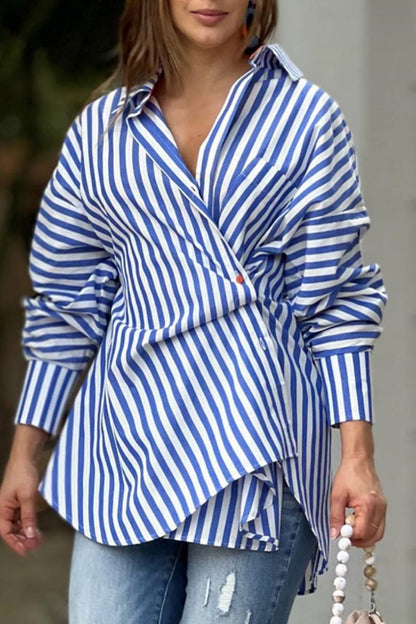Striped Print Patchwork Asymmetrical Shirt Collar Tops