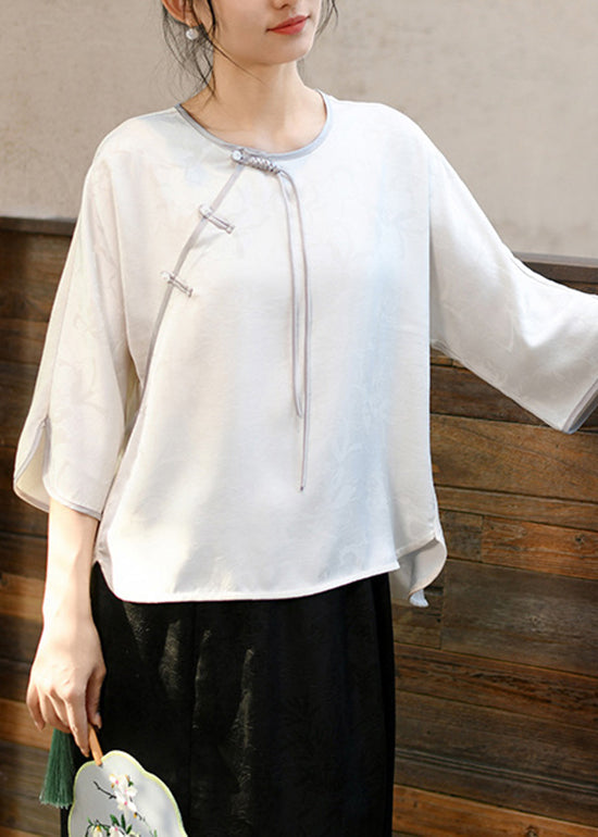 New Beige O Neck Tassel Jacquard Silk Shirt Tops Spring