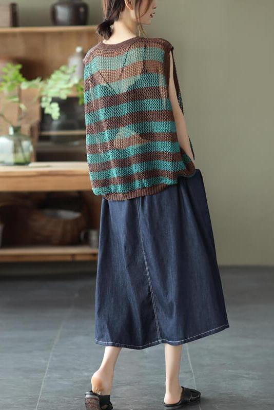 Hollow Out Stripes O Neck Sleeveless Vest Top
