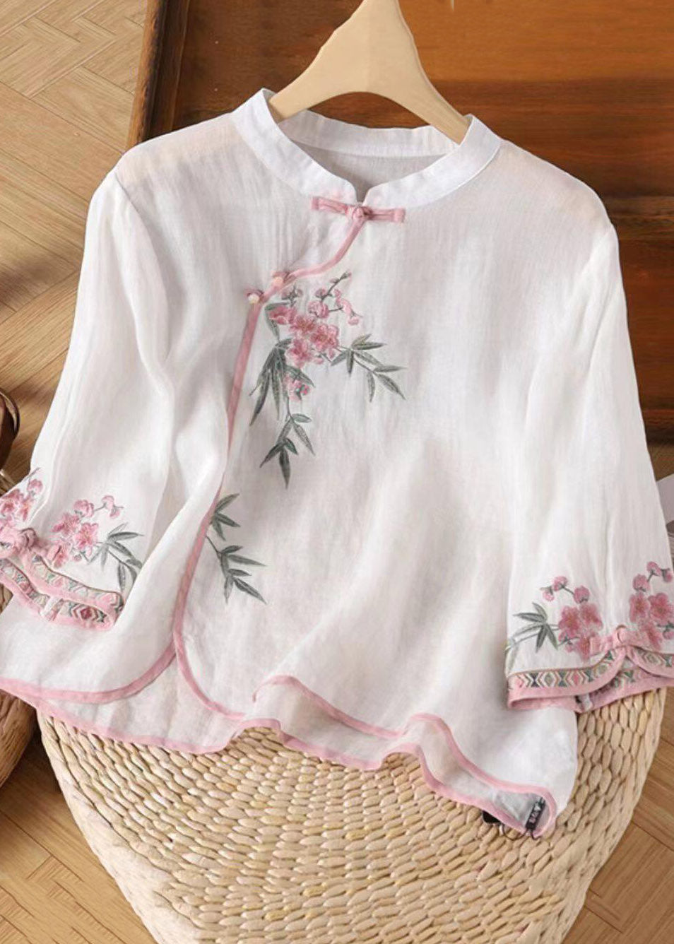Pink Stand Collar Embroidered Patchwork Shirt Three Quarter Sleeve