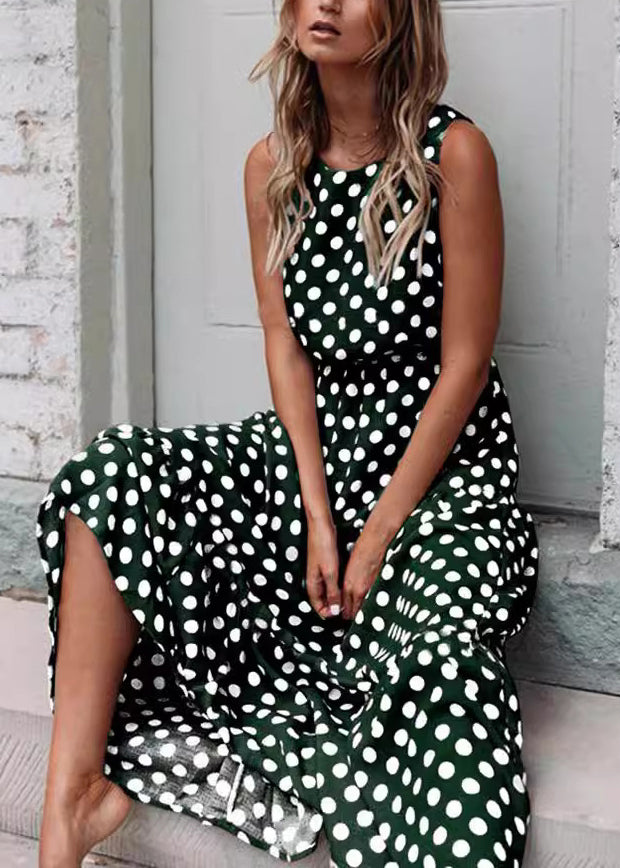 Coffee O Neck Dot Print Cotton Dresses Sleeveless