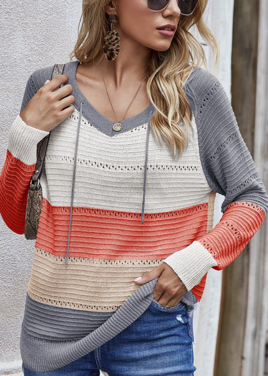 Pink Hooded Hollow Out Thin Knit Top Fall