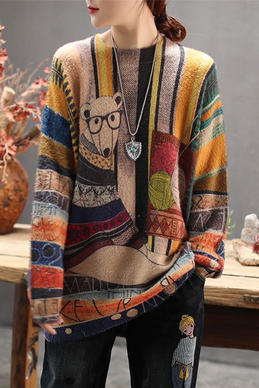Cartoon Print Long Sleeve Sweater Crew Neck Top