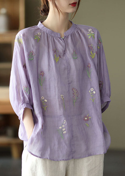Purple Embroidered Loose Fall Three Quarter Sleeve Top