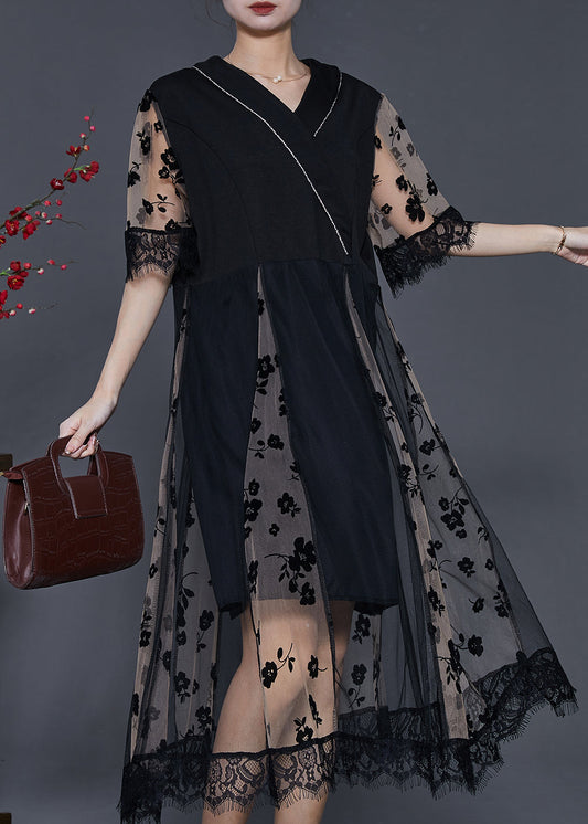 Black Print Patchwork Tulle Dresses Summer