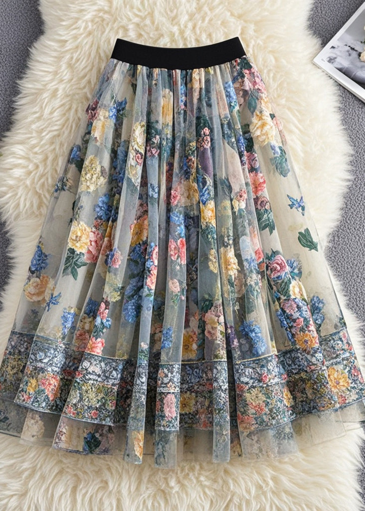 French White Print Tulle Holiday Skirt Summer
