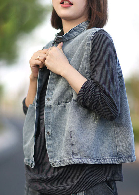 Blue Stand Collar Button Pockets Fall Denim Sleeveless Waistcoat