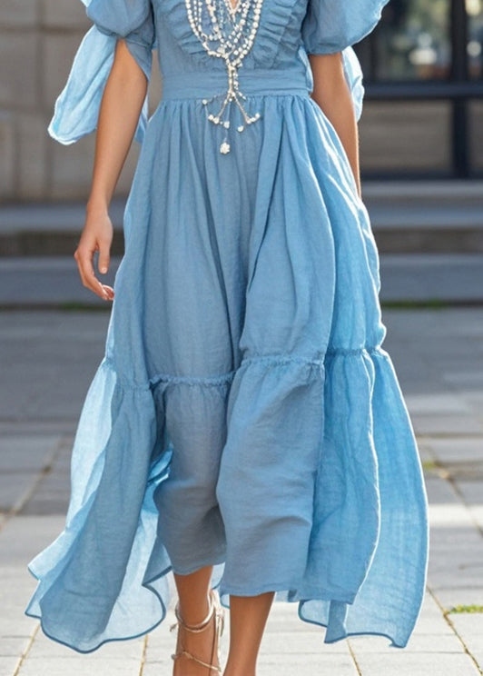 Sky Blue Puff Sleeve Nail Bead Cotton Long Dress