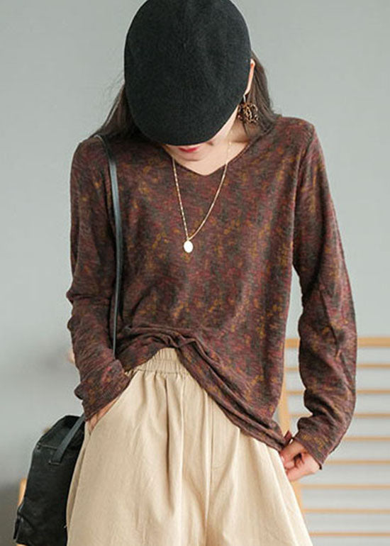 Chocolate V Neck Print Tops Spring