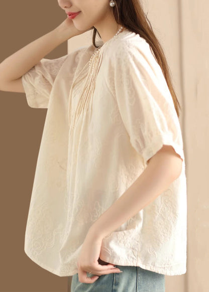Apricot Embroidered Puff Sleeve Cotton Blouse Top