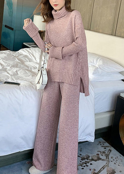 Apricot Hign Neck Sweaters and Pants Knit Two Piece Suit Set Winter
