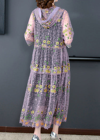 Purple Embroidered Tulle Upf 50+ Hooded Cardigan Spring