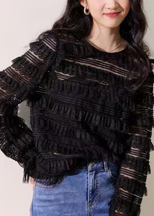 New Black O Neck Lace Top Long Sleeve
