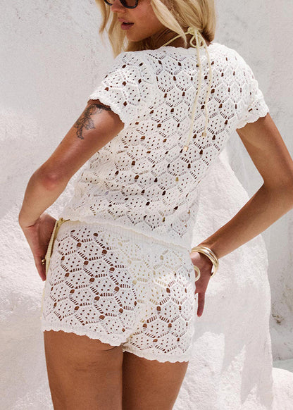 White Button Knit Two Pieces Set Hollow Out Summer