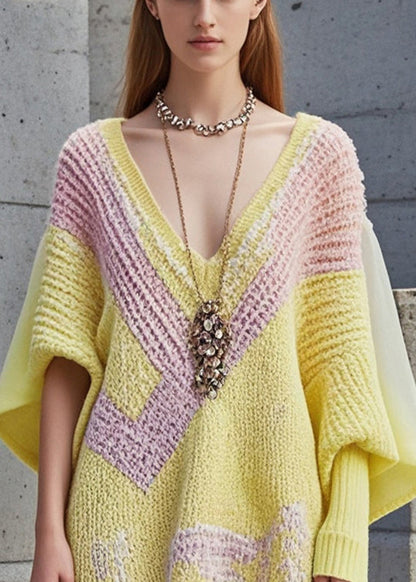 Yellow Asymmetrical Patchwork Long Knit Dress Fall
