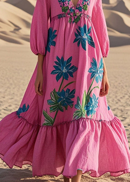 Rose Oversized Print Cotton Maxi Dresses Bracelet Sleeve