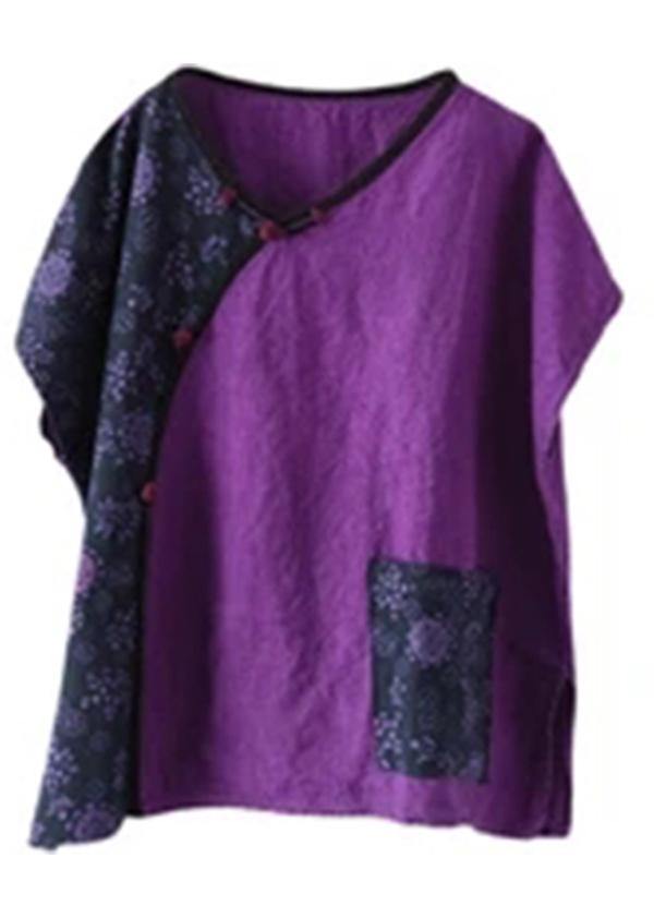 Linen Purple Stitching Short Sleeve T-shirt