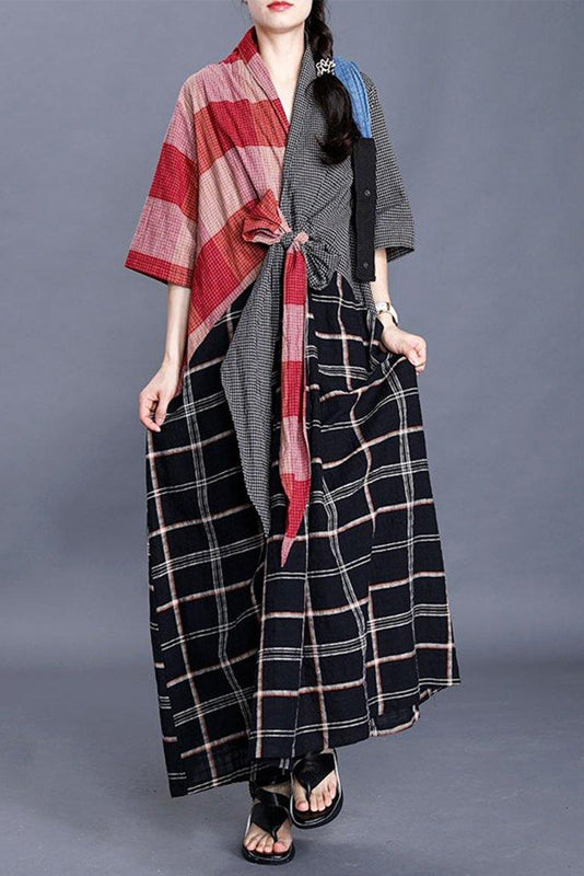 -v-neck Panelled Plaid Maxi Dress