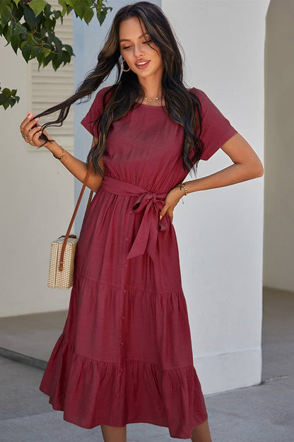 Simple Color Cotton Short Sleeve A-line Dress
