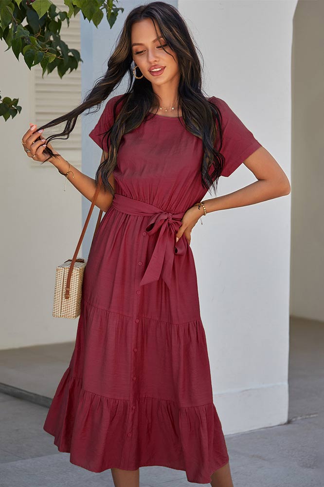 Simple Color Cotton Short Sleeve A-line Dress