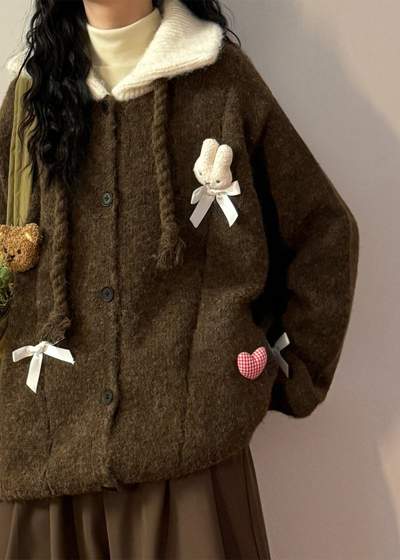 Coffee Peter Pan Collar Button Patchwork Knit Coats